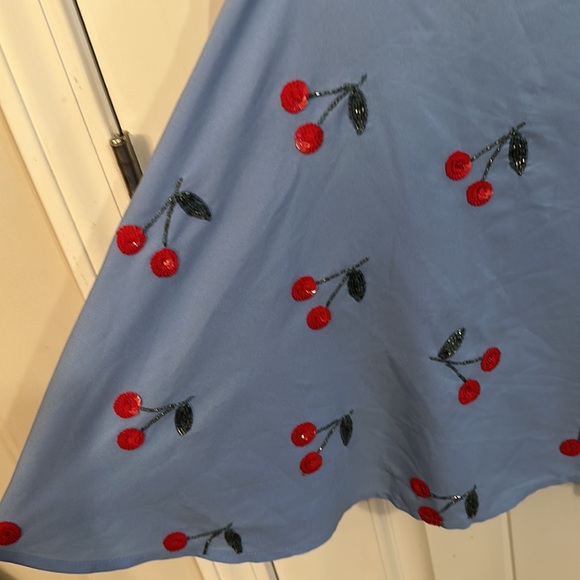 Lovers and Friends Cassie Mini Dress Fit &Flare Size XS Blue Cherries Open Sides - Picture 5 of 15